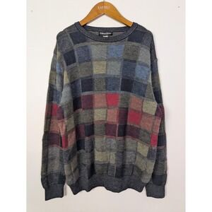 Bullock & Jones 100% Baby Alpaca Sweater Mens Large Checkered Patchwork Vtg Knit